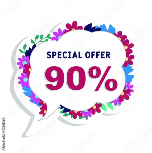 sale background with 90% discount.   Discount offer price tag. Special sale with flowers and leaves . Set of sale banners. Isolated Background. Banner, flyer, invitation, poster, brochu photo