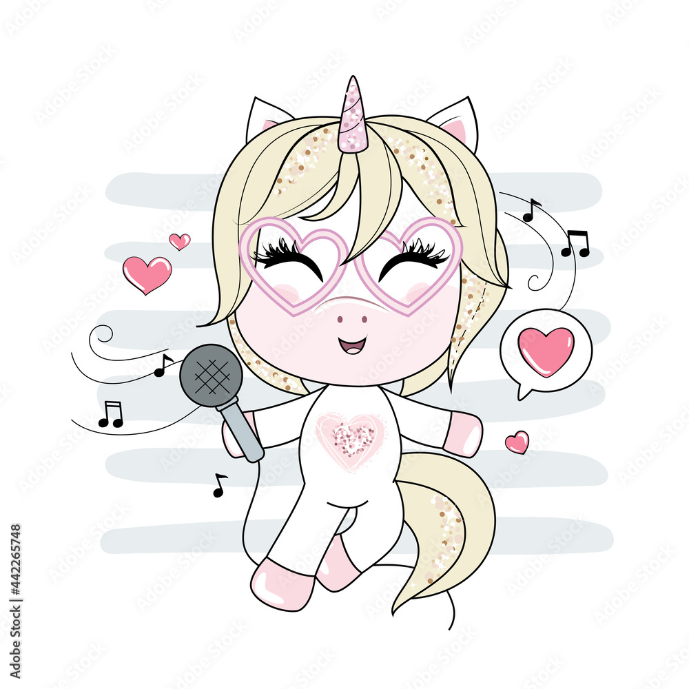 Cute little singing unicorn girl with microphone. Trendy girlish art. Vector. Cute little singing unicorn girl with microphone. Trendy girlish art. Vector.