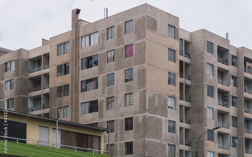 Front view of condominiums in Chorrillos Lima Peru,  facade of modest apartments