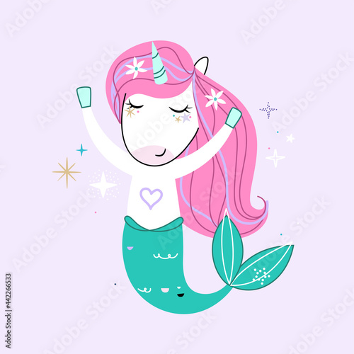 A cute little unicorn with a mermaid tail and a pink mane. Vector.