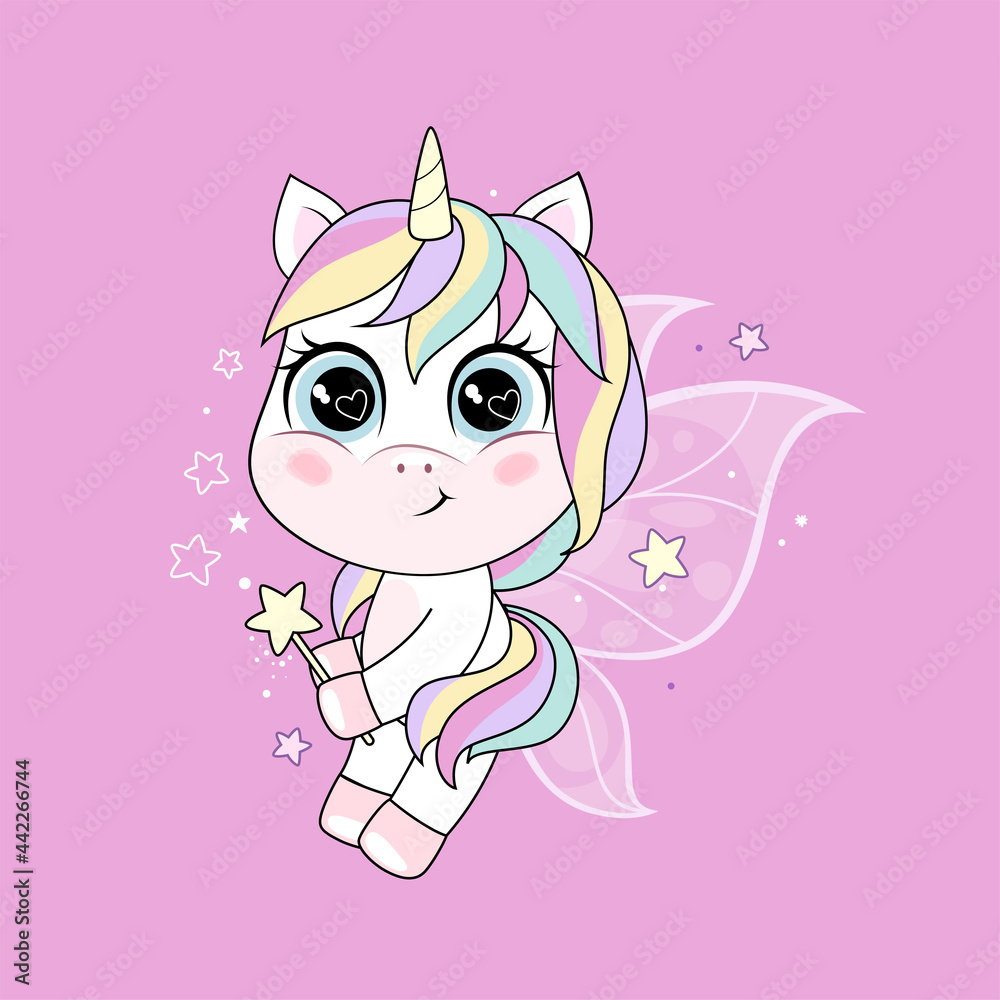 Cute little unicorn character with butterfly wings over pink background. Vector. Cute little unicorn character with butterfly wings over pink background. Vector.