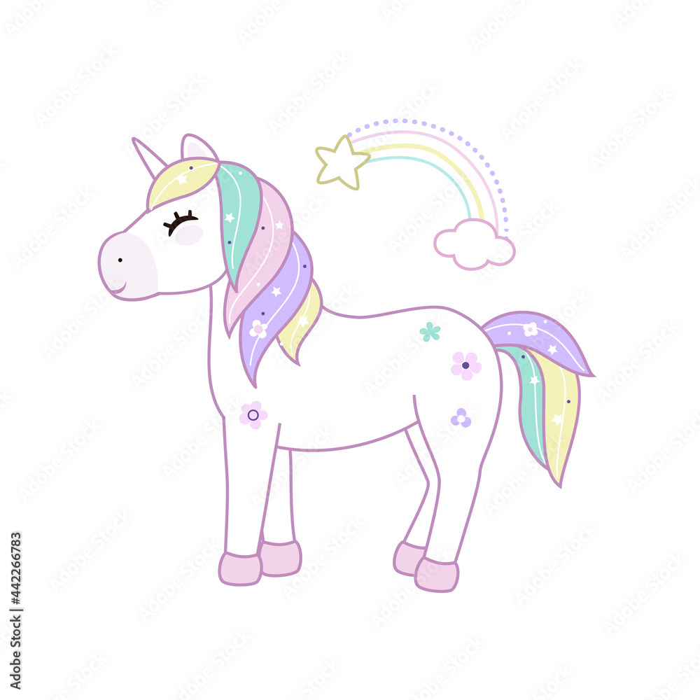 Collection with rainbow unicorns. Pastel soft colors. Vector.
