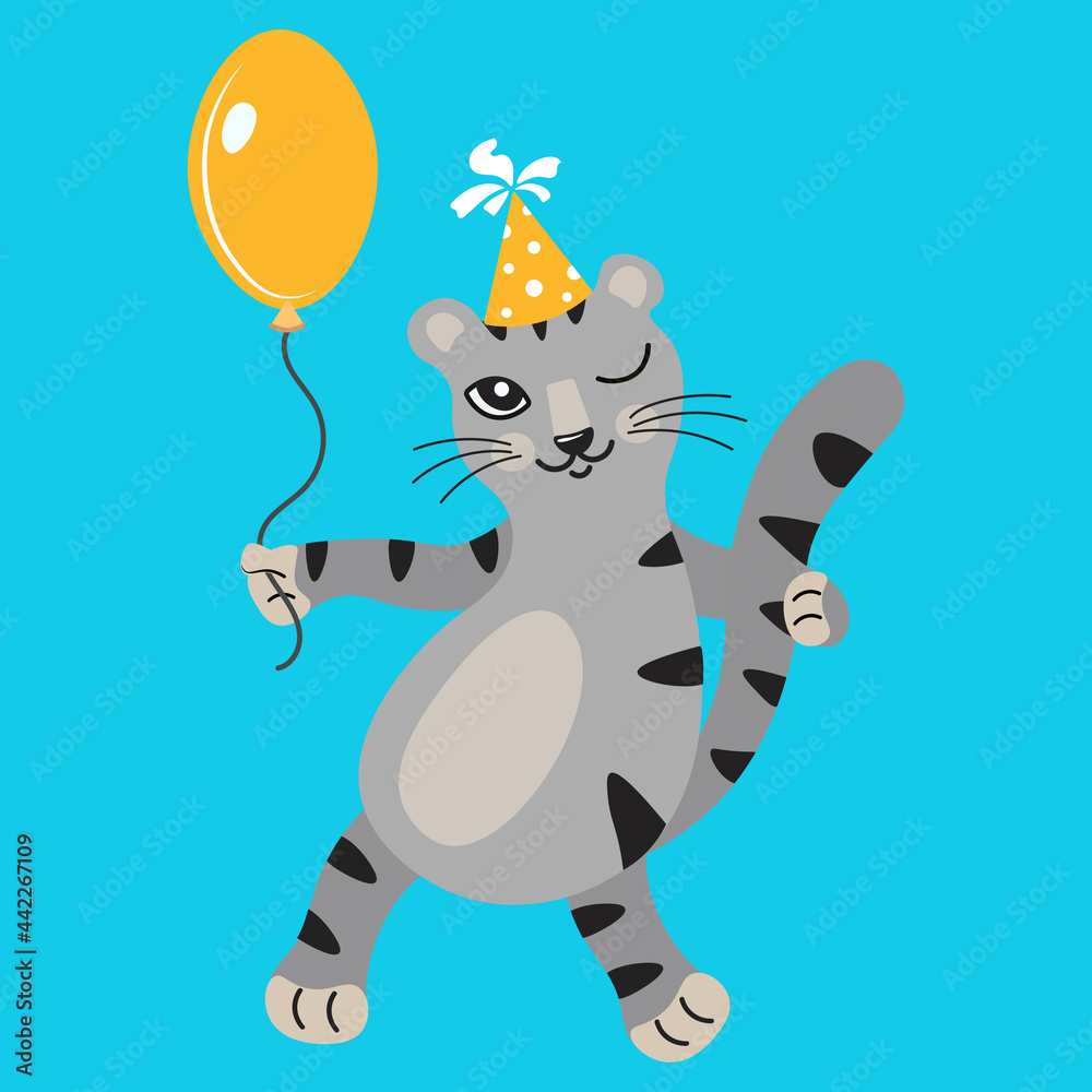 Funny cartoon gray cat in a festive hat winks and holds a yellow balloon. Happy birthday colorful vector illustration. World cat day poster. Greeting card for children's parties, calendar design, web Funny cartoon gray cat in a festive hat winks and holds a yellow balloon. Happy birthday colorful vector illustration. World cat day poster. Greeting card for children's parties, calendar design, web