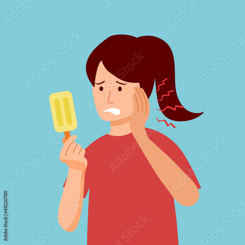 Woman with sensitive teeth and hand holding ice cream in flat design. Dental problem concept vector illustration.