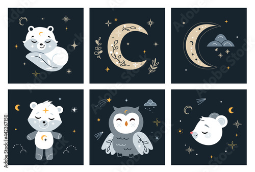 Cute nursery set with forest animals, stars and design elements. Vector.