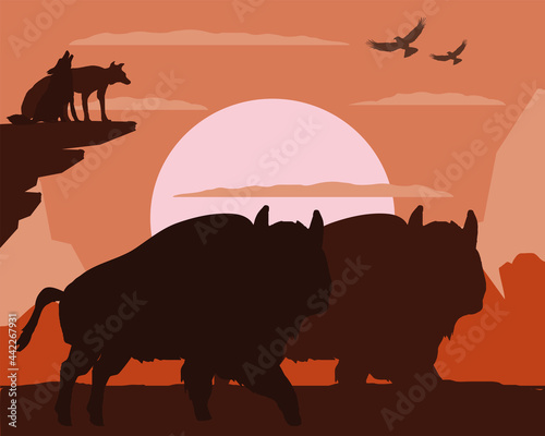 silhouette bison wolves © djvstock