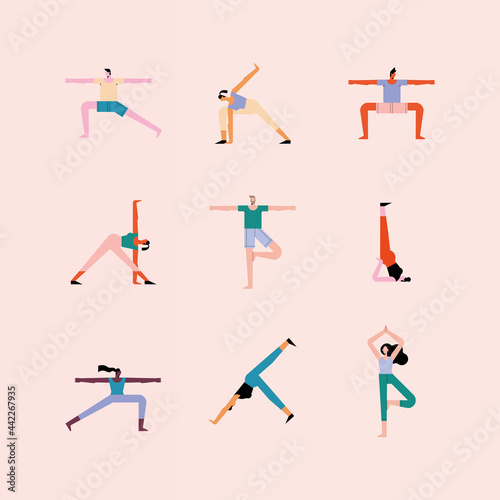 nine persons practicing yoga