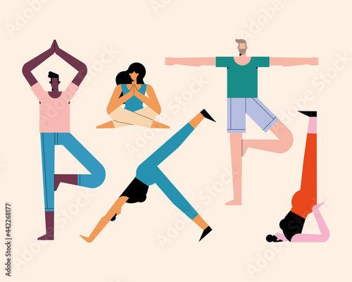 five persons practicing yoga