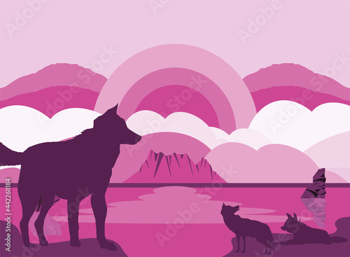 silhouette wolves pink landscape