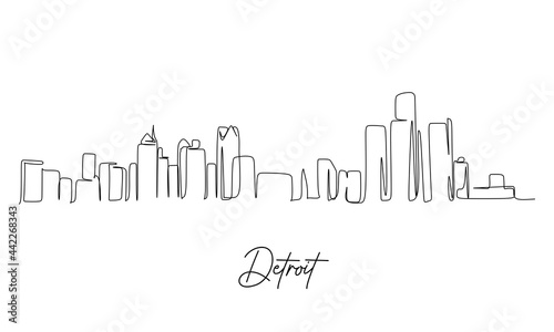 One continuous line drawing of Detroit city skyline  USA. Beautiful landmark. World landscape tourism travel vacation poster print. Editable stylish stroke single line draw design vector illustration