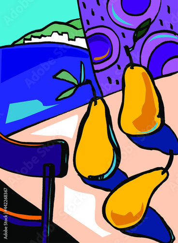 colorful still life with pears and seascape view decorative style painting. Beautiful  hand drawn vector illustration with yellow pears  on the table and open window for wall art, poster, interior pai