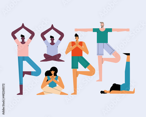 six characters practicing yoga