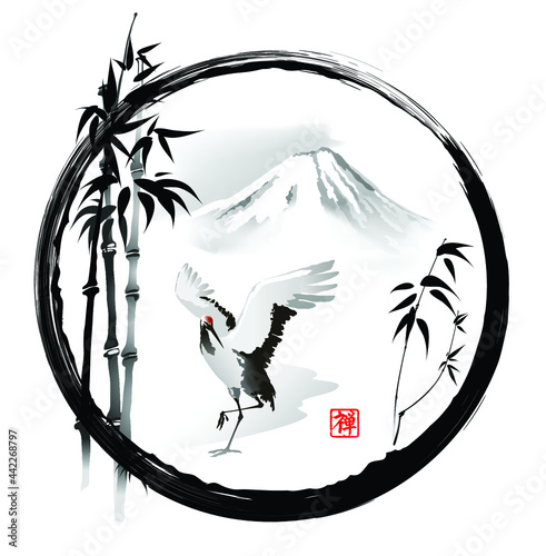 Canvas Print Japanese crane in a round frame on a background of bamboo and mountains