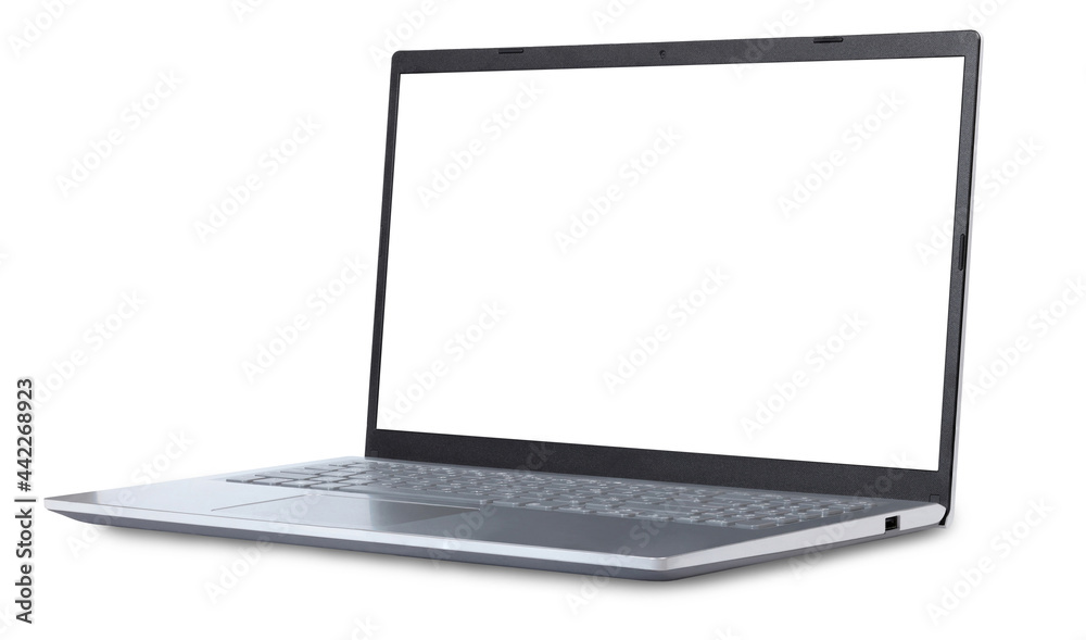 A laptop isolated on white background with empty screen for your design. Full depth of field. - obrazy, fototapety, plakaty 