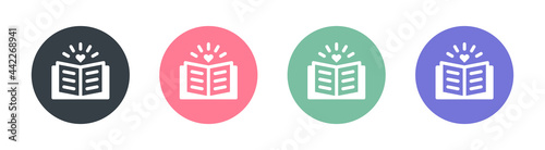 Open book with heart shape icon vector illustration. Love story symbol