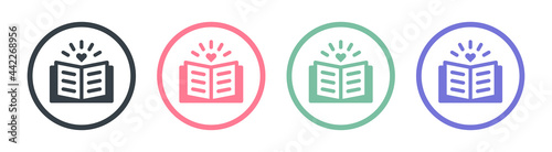 Love story or diary with heart icon set.