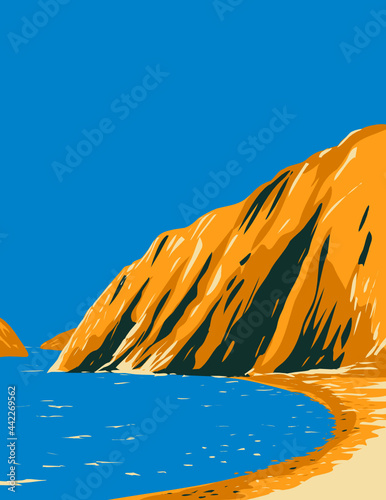 WPA poster art of a beach in Santa Cruz Island located in the Channel Islands National Park, California, United States done in works project administration style or federal art project style.