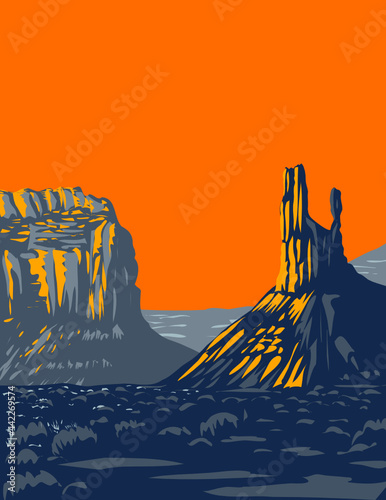 WPA poster art of mesas, buttes and towers in Valley of the Gods formerly part of Bears Ears National Monument located north of Monument Valley near Bluff, Utah in works project administration style.