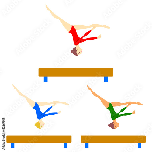体操競技 女子 平均台のイラストセット／Gymnastics competition women's balance beam illustration set
