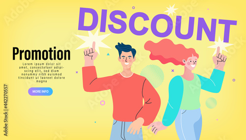 Woman and man having fun while doing shopping together. Special offer background with people. Promotion poster or banner. certificate or discount coupon. promotion and sale in the shop. Vector
