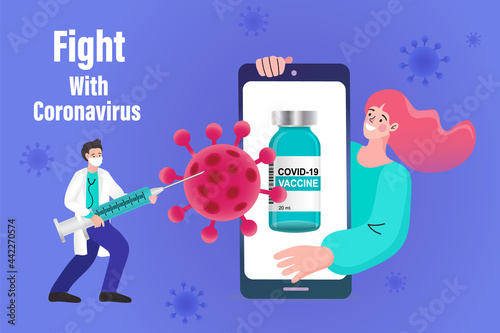 Doctor with big syringe. Book a vaccination queue on your phone. Time to vaccinate. Covid-19. Coronavirus. Fighting the virus. Preventive medicine. 