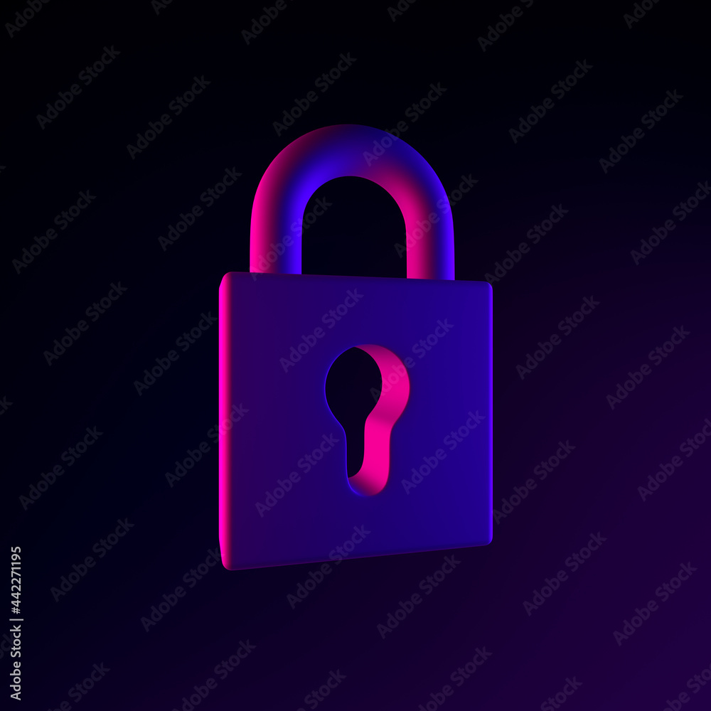 Closed padlock neon icon. 3d rendering ui ux interface element. Dark ...