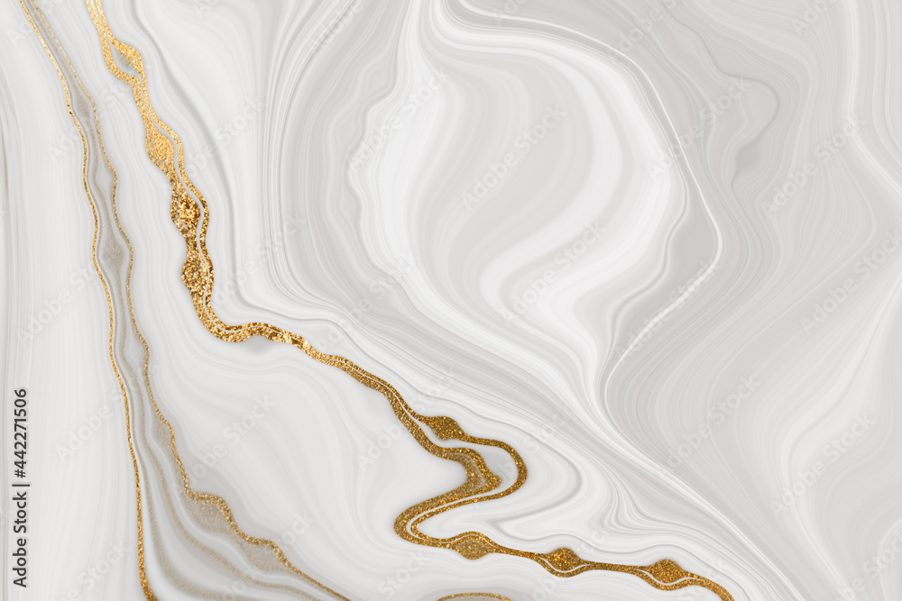 White and gray marble gold veined texture. Light agate ripple background. - obrazy, fototapety, plakaty 