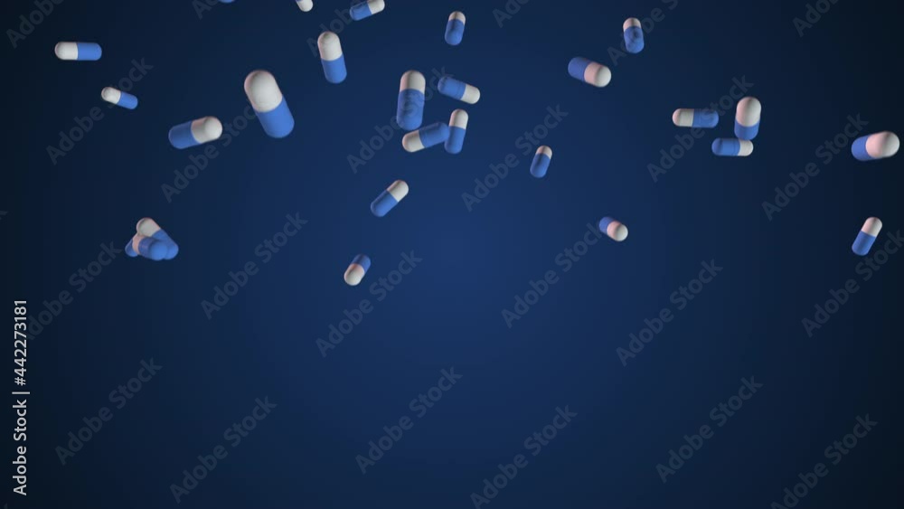 Super slow-motion shooting of blue - and-white pills falling into the bottom. Loop. Medicines, tablets, capsules, medicines, painkillers, antibiotics, vitamins, Medicine, healthcare, pharmacy concept