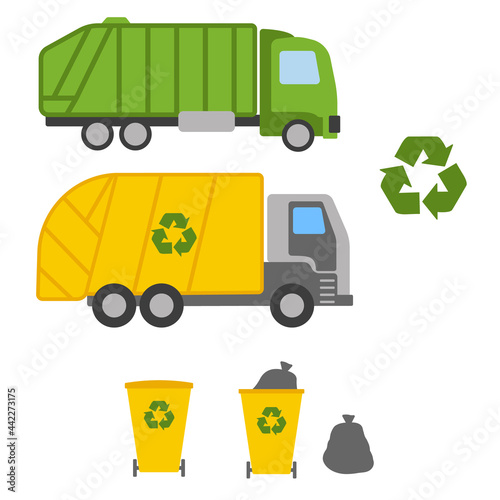 Garbage truck and garbage cans on white background. Ecology and recycle concept. Vector illustration - bag of garbage