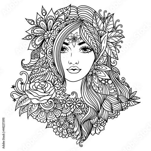 Fairy girl with mandala flowers for coloring book, print on product, laser engraving and so on. Vector illustration