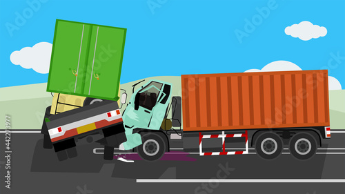 Two container trucks collide on an asphalt road. Turn the car in front of the car that comes straight. Careless driving. Provincial environment with wide open fields.