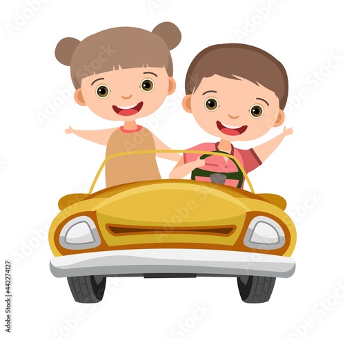 Kids drives a car. Yellow childrens automobile. Toy vehicle. With a motor. Nice passenger auto. Pedal or electric. Isolated on white background. Vector