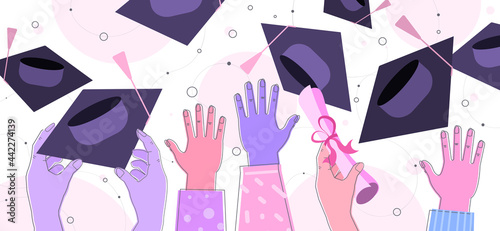 hands throwing hats graduates celebrating academic diploma degree education university certificate concept