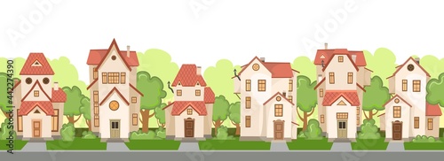 Street. Cartoon houses with trees. Village or town. Seamlessly. A beautiful, cozy country house in a traditional European style. Nice funny home. Rural building. Isolated Vector