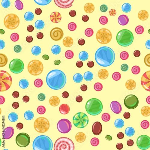 Sweets and scattered. Seamless pattern. Assorted dessert interspersed. Candy caramel. Border seamless. Flat Background illustration. Vector