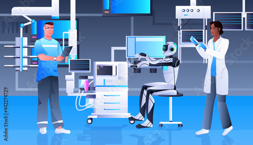 robot with mix race scientists making experiments in lab artificial intelligence technology concept