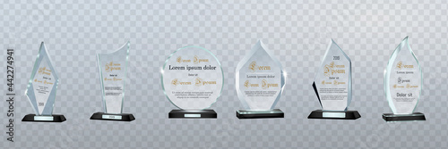 Glass Trophy Awards template. Vector prize isolated on transparent background.