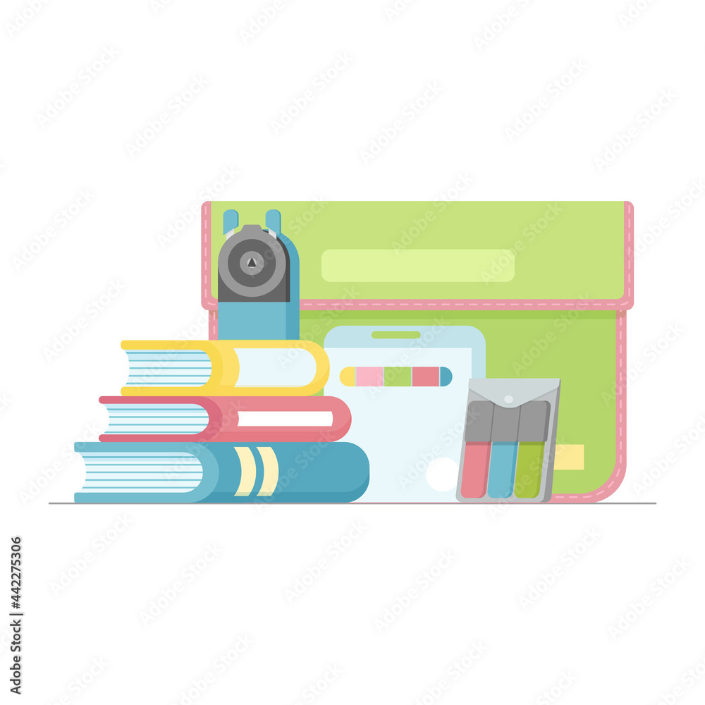 School supplies: markers, crayons, folder, sharpener and books in cute colors School supplies: markers, crayons, folder, sharpener and books in cute colors