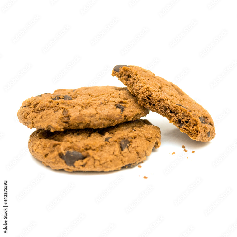 Chocolate chip cookies and crumbs isolated on white background. Chocolate chip cookies and crumbs isolated on white background.