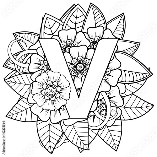 Mehndi flower for henna  mehndi  tattoo  decoration. decorative ornament in ethnic oriental style. doodle ornament. coloring book page.