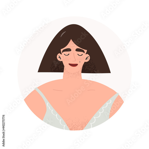 Woman with brown hair in underwear. Illustration for logo, materials about body positive, feminism and equality. Girl power. Vector flat illustration in cartoon style on white background. Avatar icon