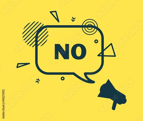 No banner with black frame in flat style. Simple label with short phrase on yellow background. Speech bubble with disagreement text and abstract geometric shapes. Vector card illustration