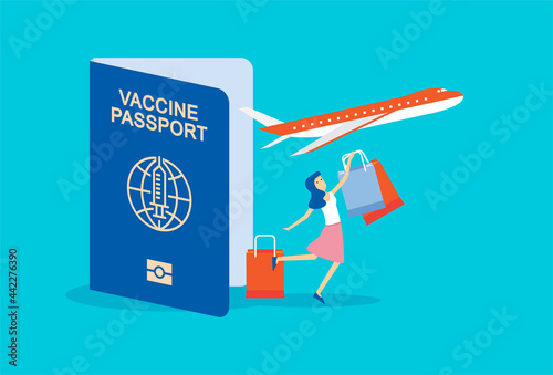 Woman travel with vaccine coronavirus COVID-19 passport