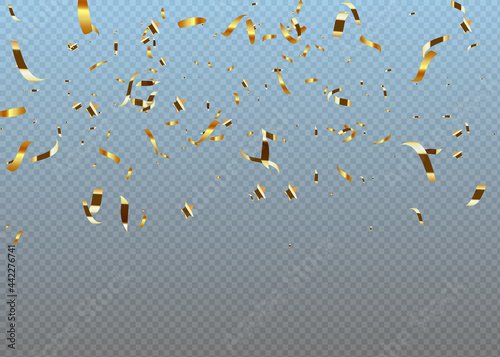 Golden confetti isolated on checkered background. Festive vector illustration.