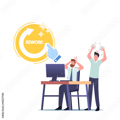 Angry Boss Character Yelling at Male Office Employee Scolding for Incompetent Bad Work, Tear Documents Demand to Rework