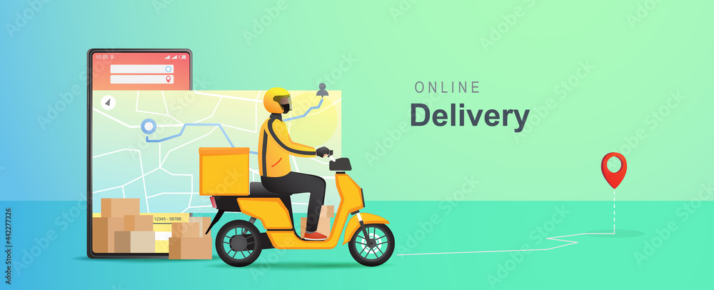 Mobile online food delivery concept. Delivery package with electric scooter. Online order tracking with online maps. Vector illustration