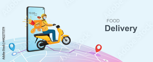 Mobile online food delivery concept. Delivery package with electric scooter. Online order tracking with online maps. Vector illustration