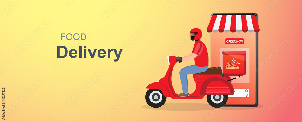 Obraz premium Mobile online food delivery concept. Delivery package with electric scooter. Online order tracking with online maps. Vector illustration