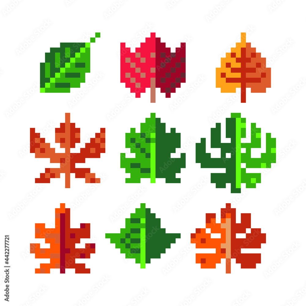 Obraz premium Different types leaves of tree pixel art 8-bit style icons set, isolated vector illustration. Game assets. Element design for stickers, embroidery, mobile app.