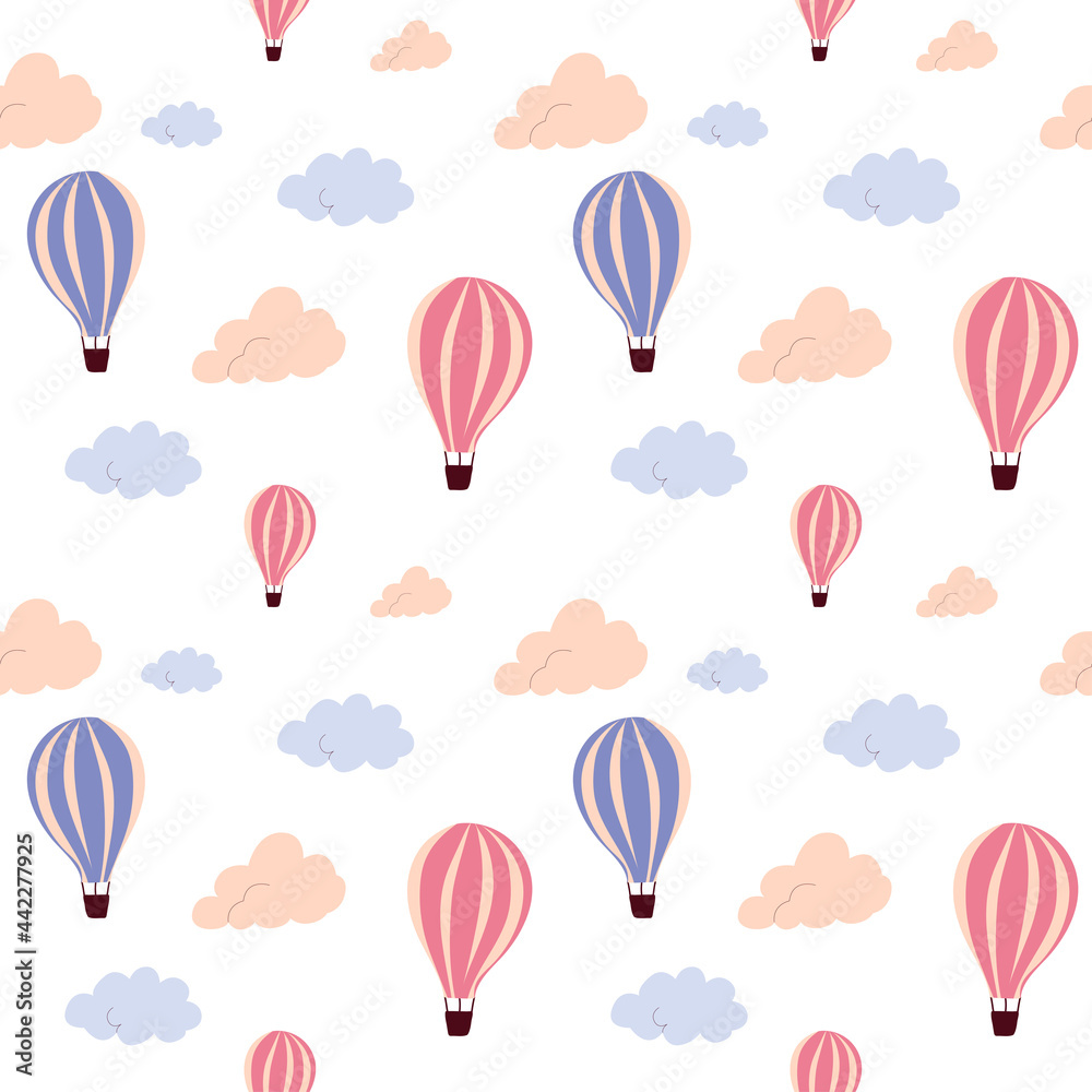 Seamless pattern with flying hot air balloon and colorful clouds, on a white background. Vector endless texture for travel design.